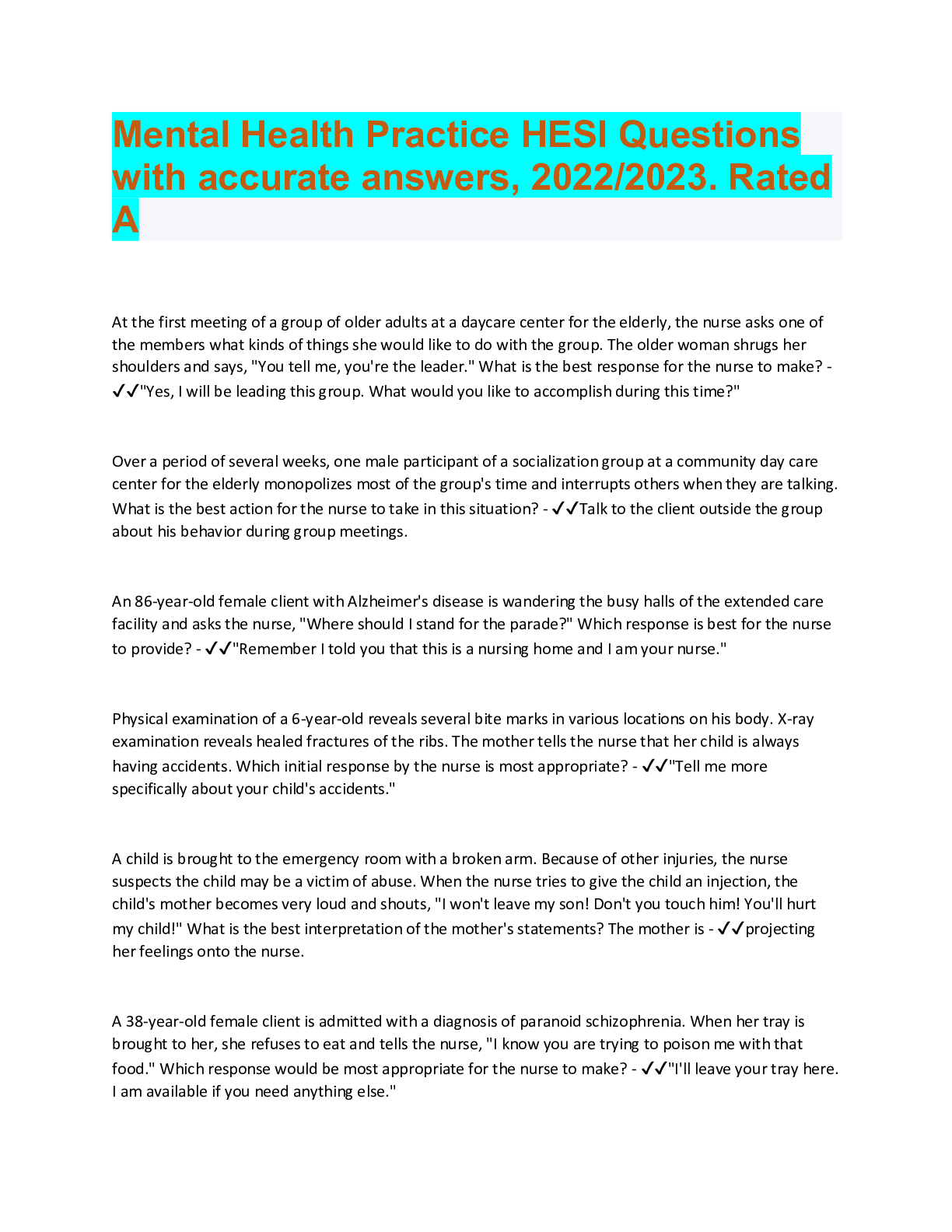Preview image for Mental health test bank All questions with accurate answers. 2022/2023 update. Graded   Mental health test bank EXAM 1